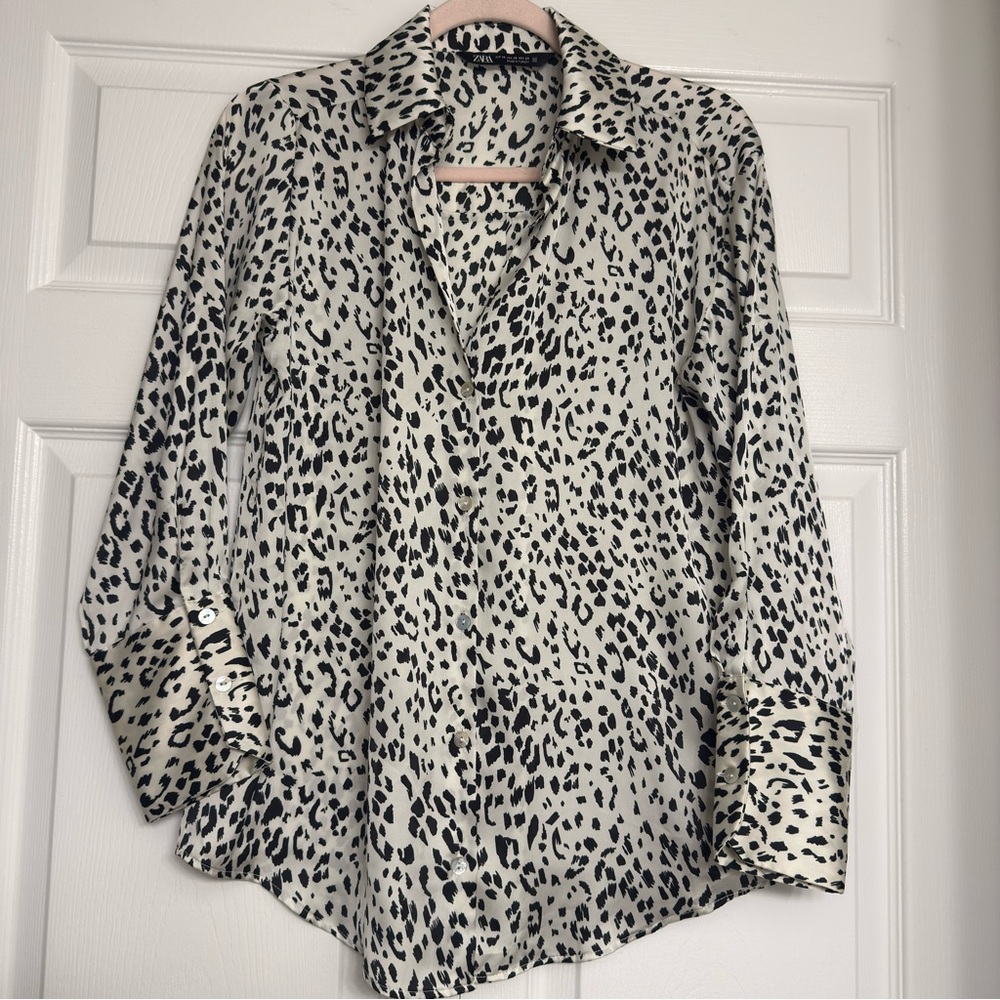 Zara Black and White Animal Print Button Down Shirt